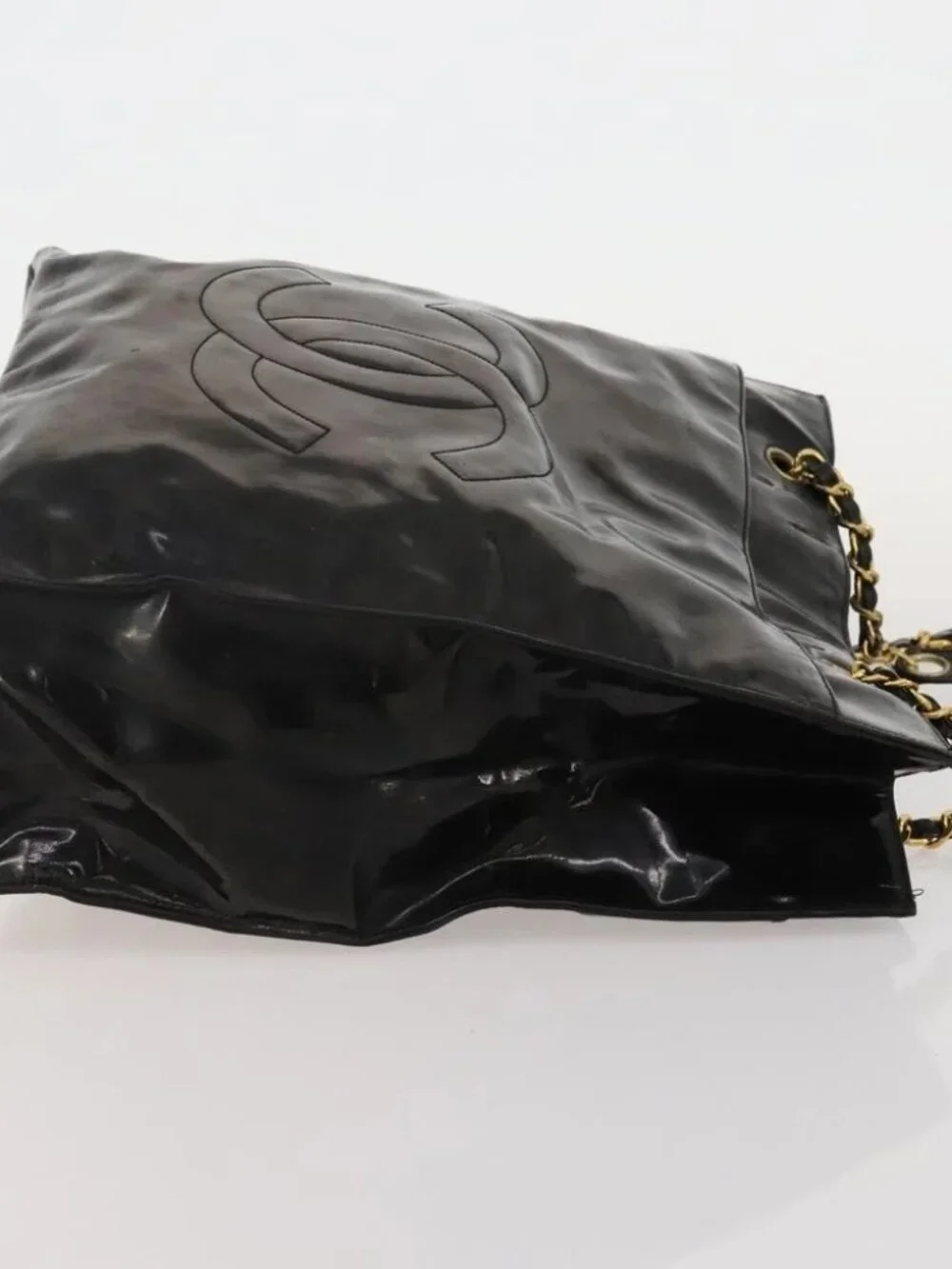 CHANEL Chain Tote Bag Patent Leather Black Gold CC Auth bs34312
